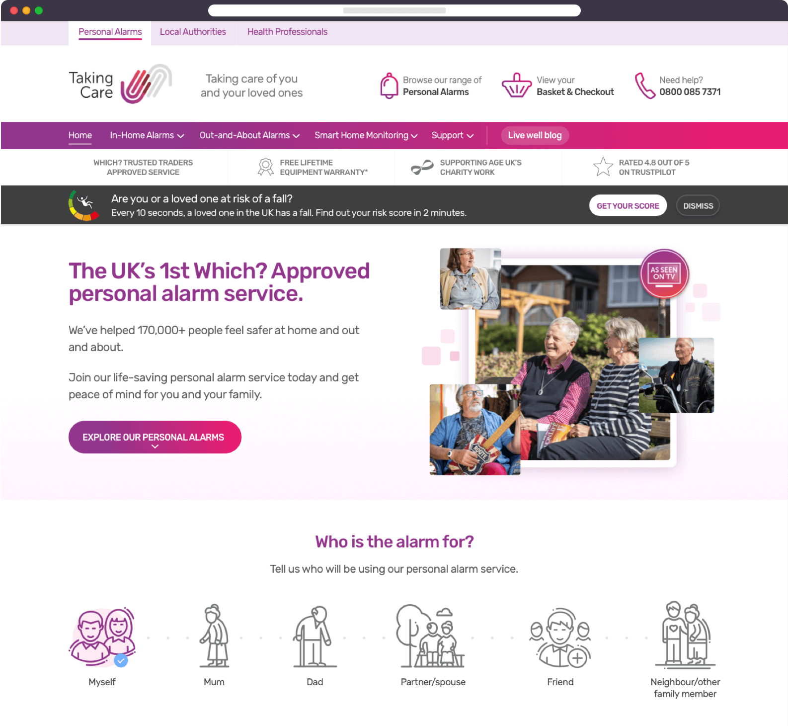 Desktop version of the Taking Care homepage redesigned in 2021.