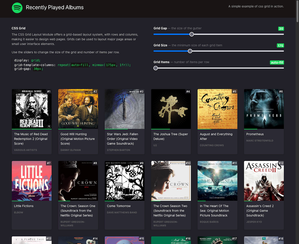 Screenshot of Spotify albums laid out using CSS grid.