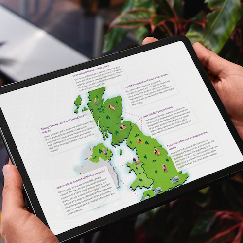 An iPad displaying a page template showing an illustration of the UK with annotations.